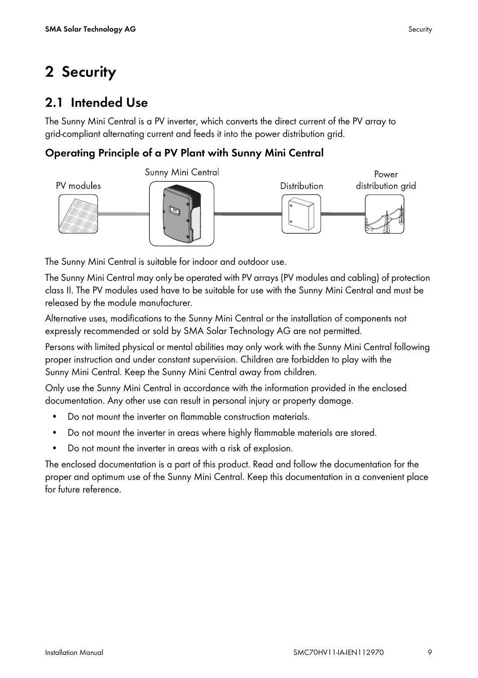 2 security, 1 intended use, Security | Intended use | SMA SMC 7000HV Installation User Manual | Page 9 / 88