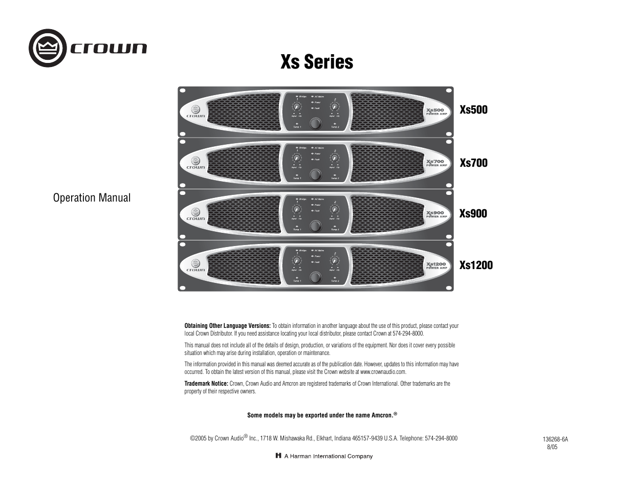 Crown Audio Xs Series User Manual | 28 pages
