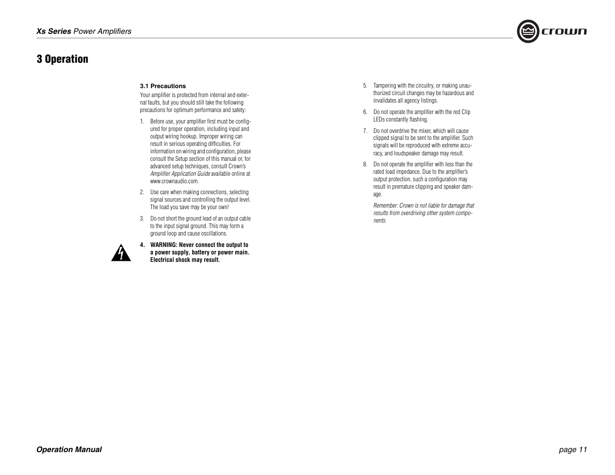 3 operation | Crown Audio Xs Series User Manual | Page 11 / 28