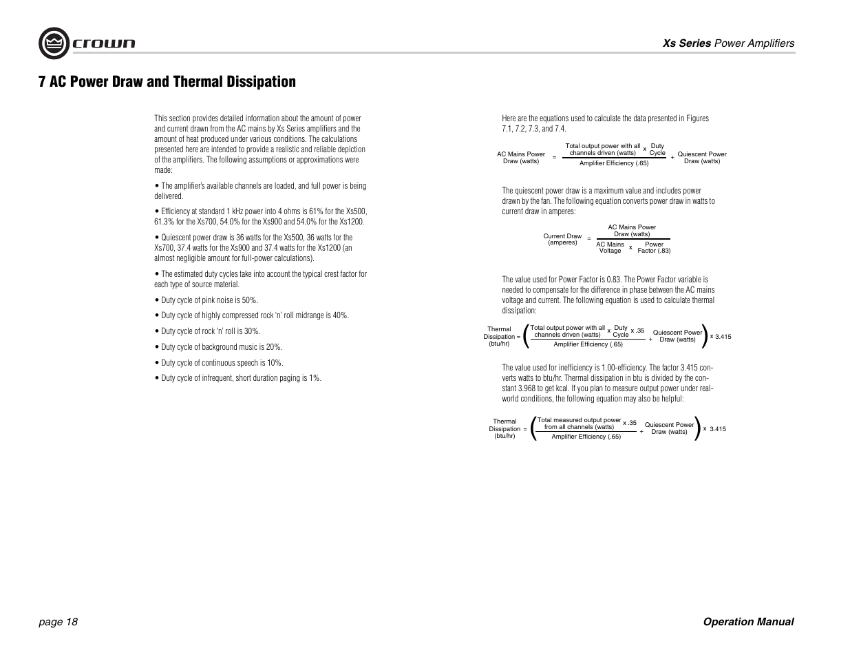 7 ac power draw and thermal dissipation | Crown Audio Xs Series User Manual | Page 18 / 28