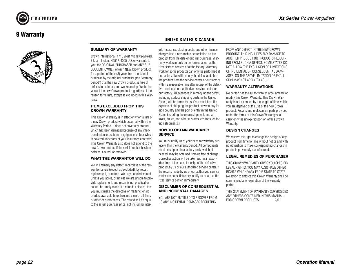 9 warranty | Crown Audio Xs Series User Manual | Page 22 / 28