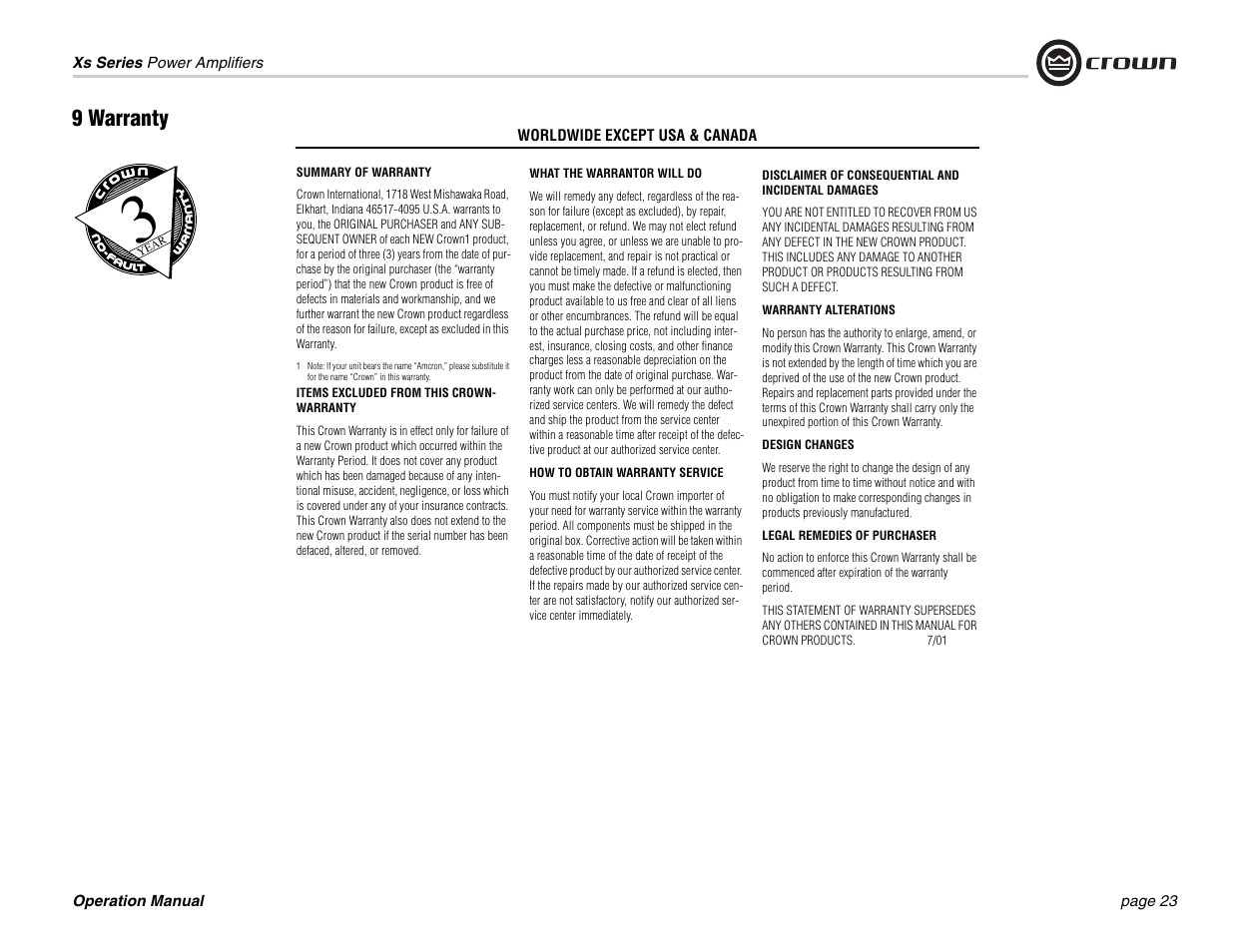 9 warranty | Crown Audio Xs Series User Manual | Page 23 / 28