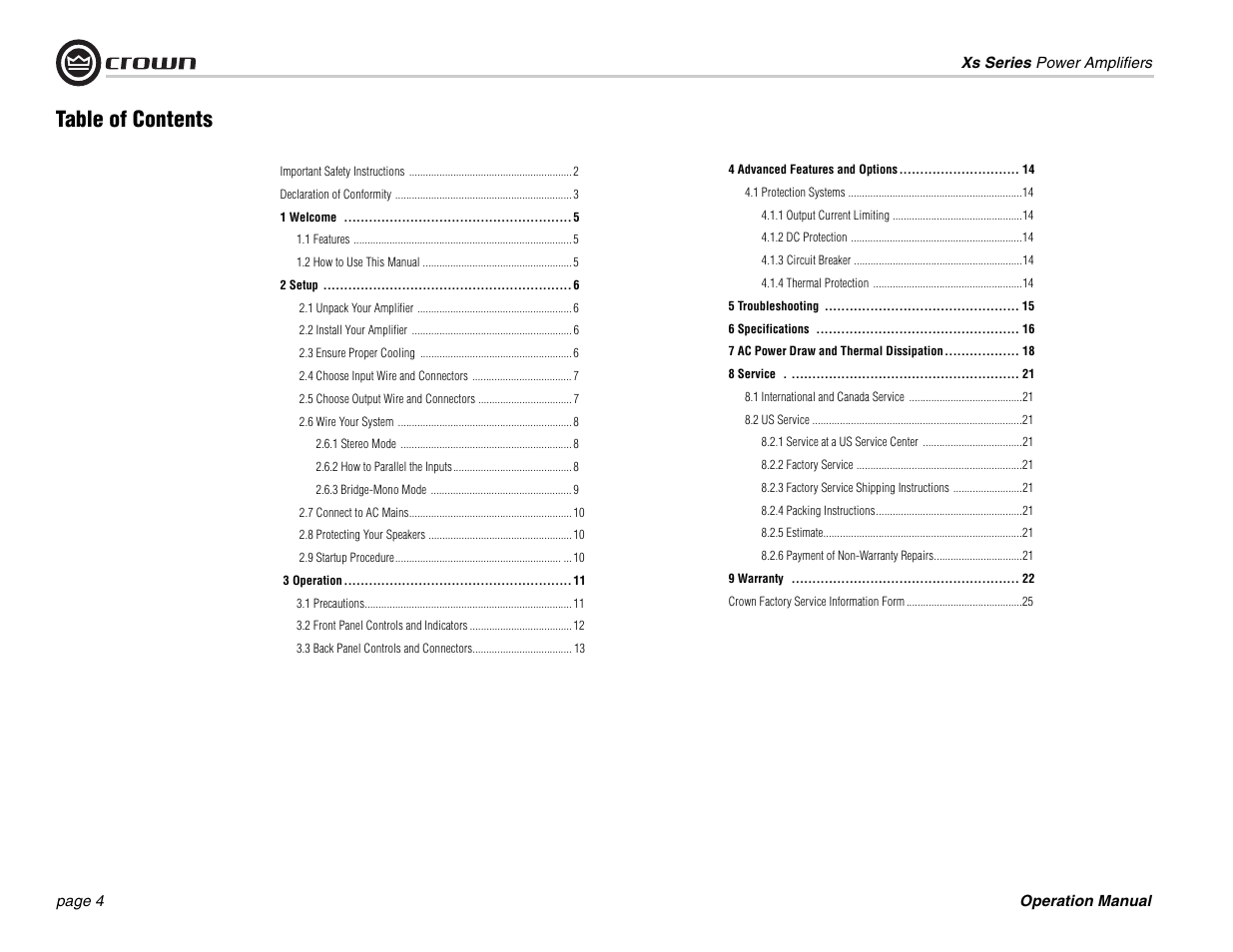 Crown Audio Xs Series User Manual | Page 4 / 28