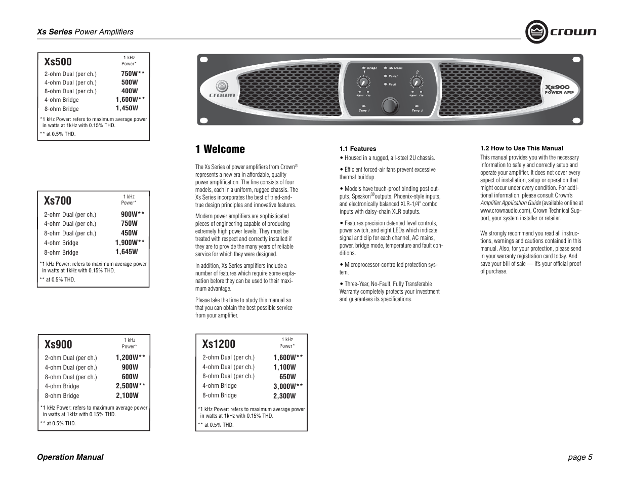 Xs700, 1 welcome, Xs900 | Xs1200, Xs500 | Crown Audio Xs Series User Manual | Page 5 / 28