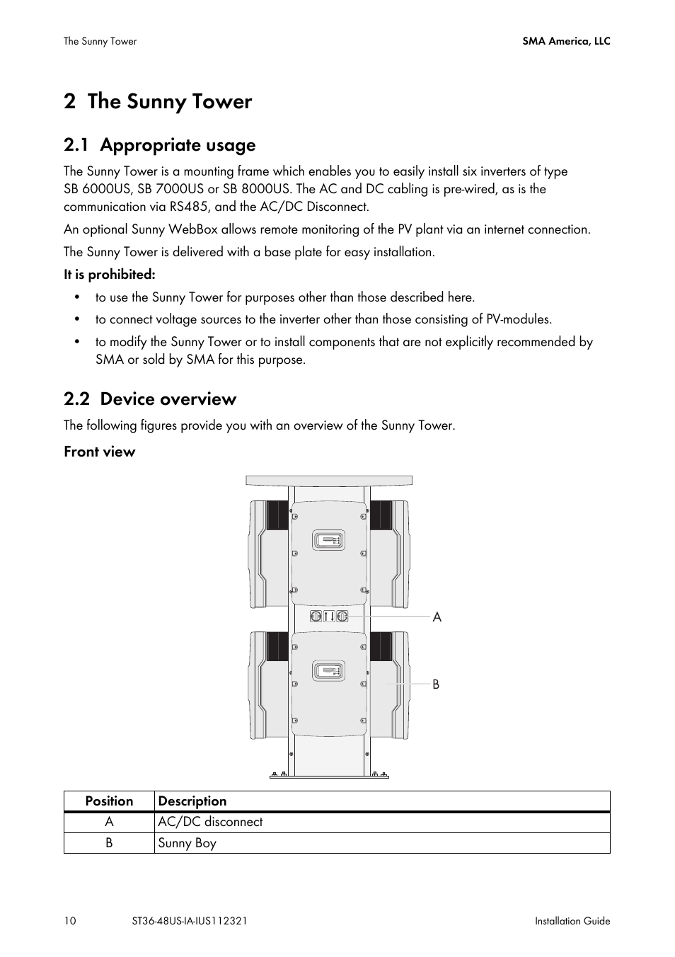 2 the sunny tower, 1 appropriate usage, 2 device overview | The sunny tower, Appropriate usage, Device overview | SMA ST6-US User Manual | Page 10 / 60