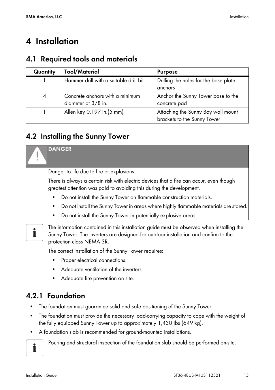 4 installation, 1 required tools and materials, 2 installing the sunny tower | 1 foundation, Installation, Required tools and materials, Installing the sunny tower, Foundation | SMA ST6-US User Manual | Page 15 / 60