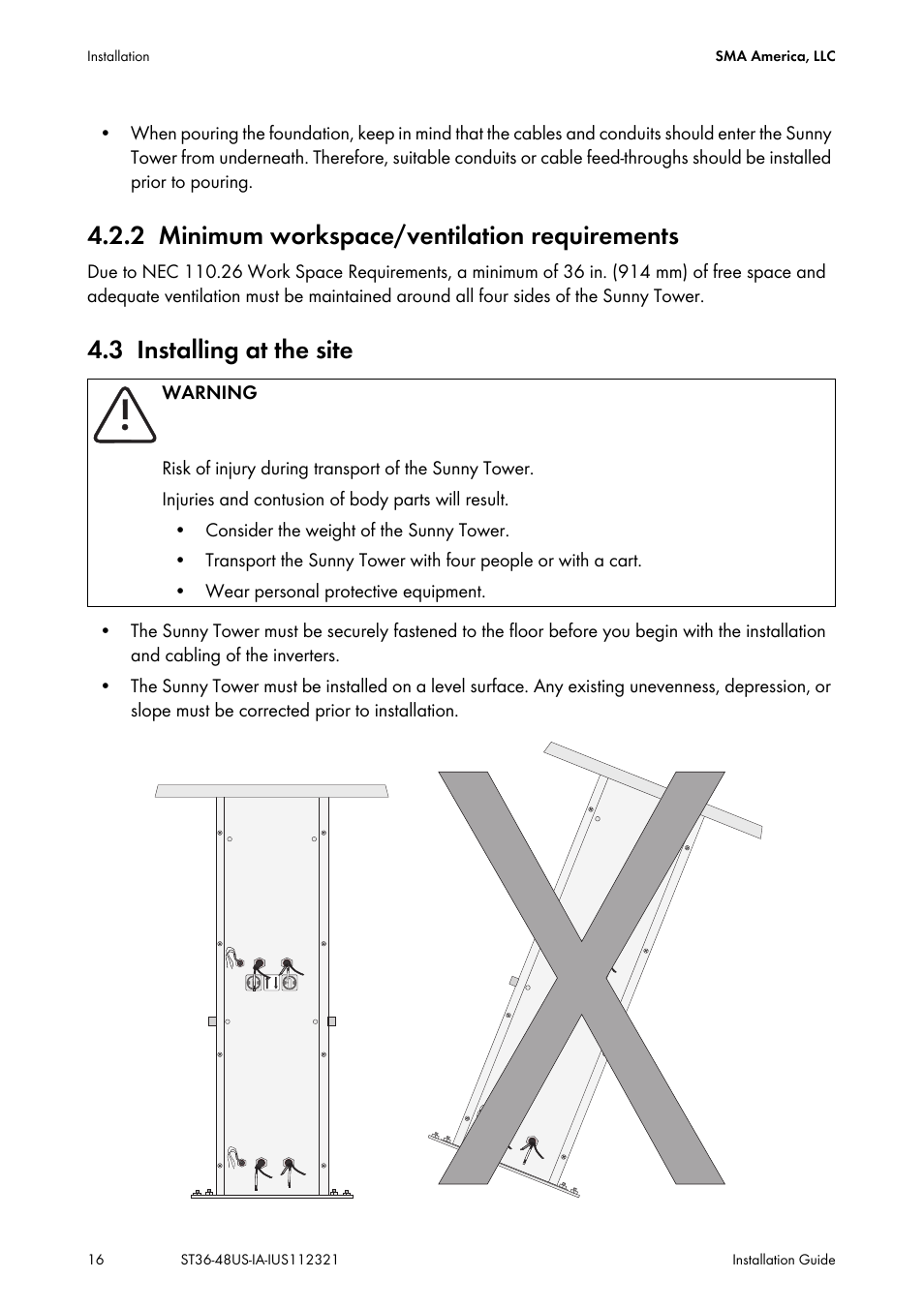 2 minimum workspace/ventilation requirements, 3 installing at the site, Minimum workspace/ventilation requirements | Installing at the site | SMA ST6-US User Manual | Page 16 / 60