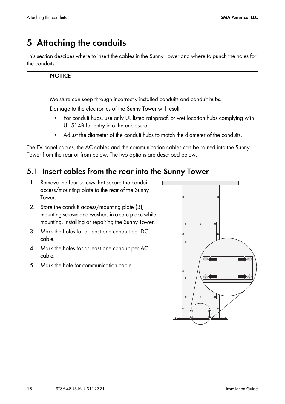 5 attaching the conduits, 1 insert cables from the rear into the sunny tower, Attaching the conduits | Insert cables from the rear into the sunny tower | SMA ST6-US User Manual | Page 18 / 60
