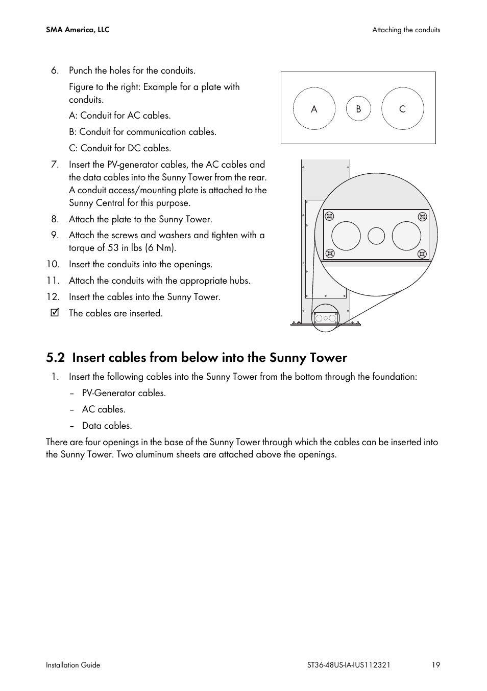 2 insert cables from below into the sunny tower, Insert cables from below into the sunny tower | SMA ST6-US User Manual | Page 19 / 60