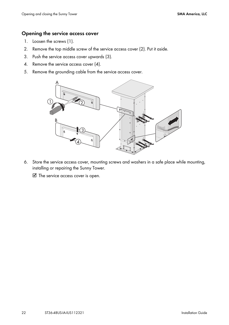 Opening the service access cover | SMA ST6-US User Manual | Page 22 / 60