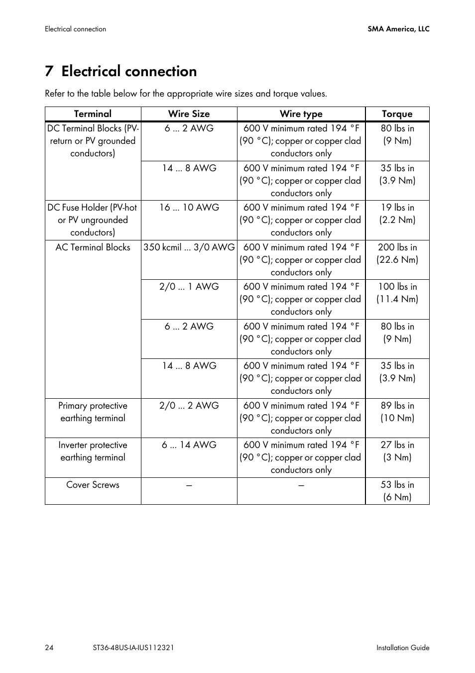 7 electrical connection, Electrical connection | SMA ST6-US User Manual | Page 24 / 60