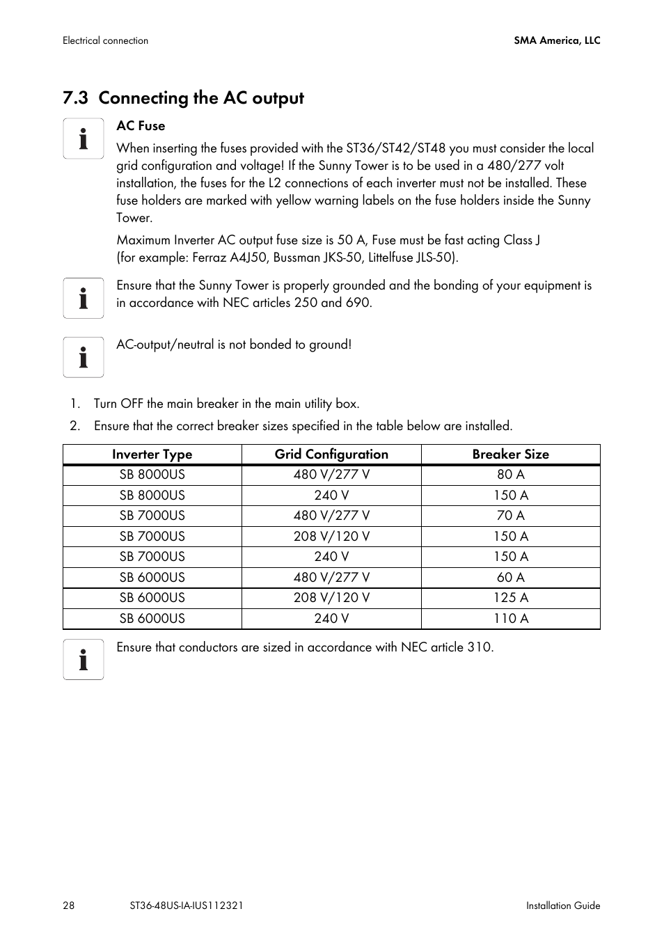3 connecting the ac output, Connecting the ac output | SMA ST6-US User Manual | Page 28 / 60