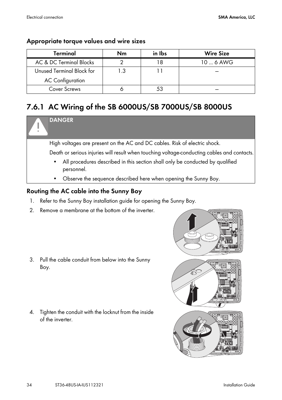 1 ac wiring of the sb 6000us/sb 7000us/sb 8000us, Ac wiring of the sb 6000us/sb 7000us/sb 8000us | SMA ST6-US User Manual | Page 34 / 60