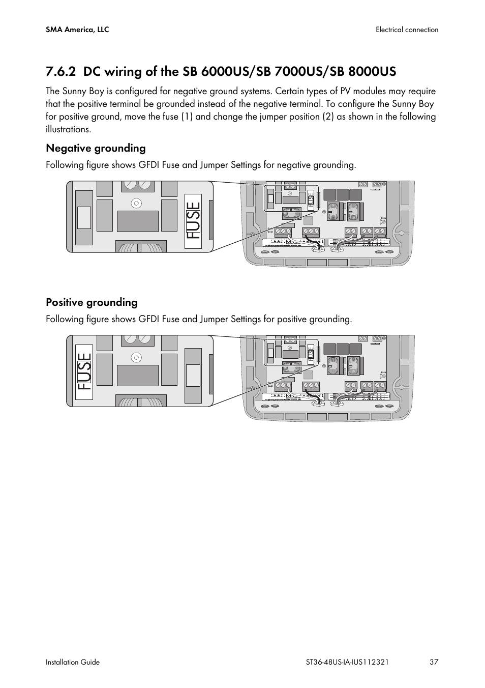 2 dc wiring of the sb 6000us/sb 7000us/sb 8000us, Dc wiring of the sb 6000us/sb 7000us/sb 8000us | SMA ST6-US User Manual | Page 37 / 60