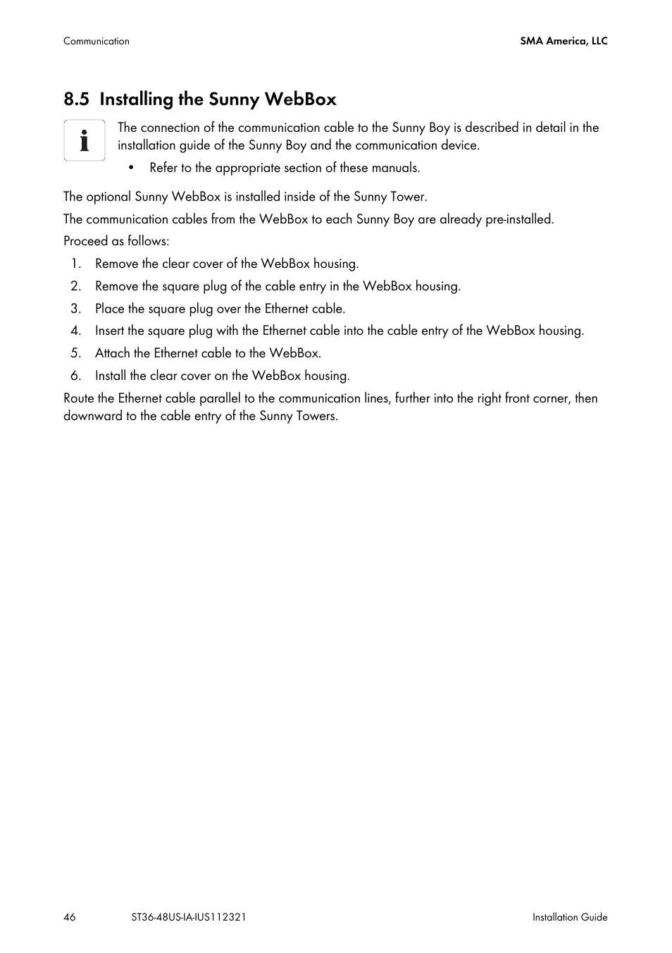 5 installing the sunny webbox, Installing the sunny webbox | SMA ST6-US User Manual | Page 46 / 60