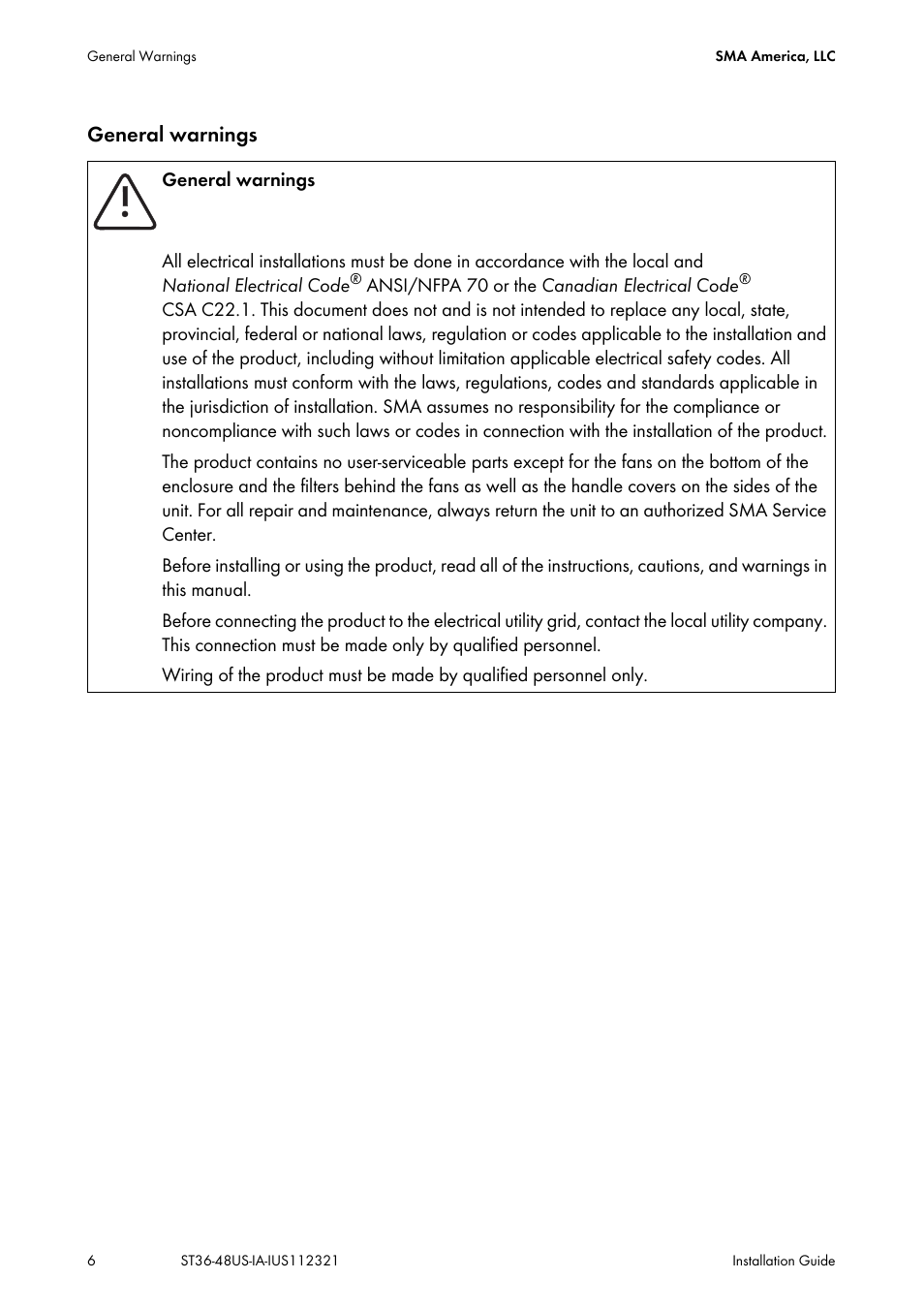 General warnings | SMA ST6-US User Manual | Page 6 / 60