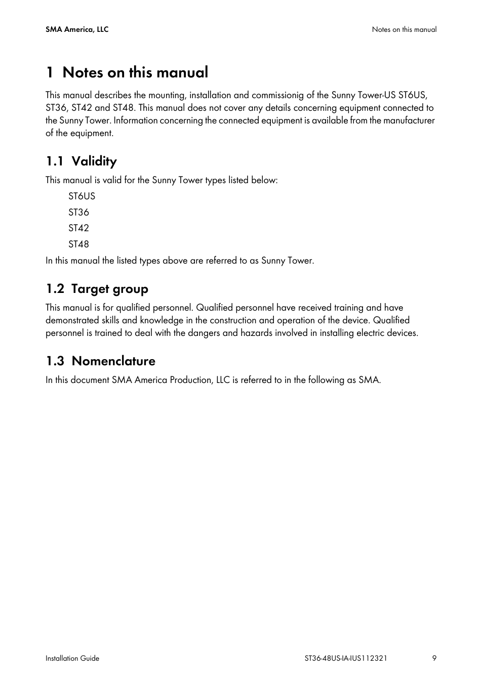 1 notes on this manual, 1 validity, 2 target group | 3 nomenclature, Notes on this manual, Validity, Target group, Nomenclature | SMA ST6-US User Manual | Page 9 / 60