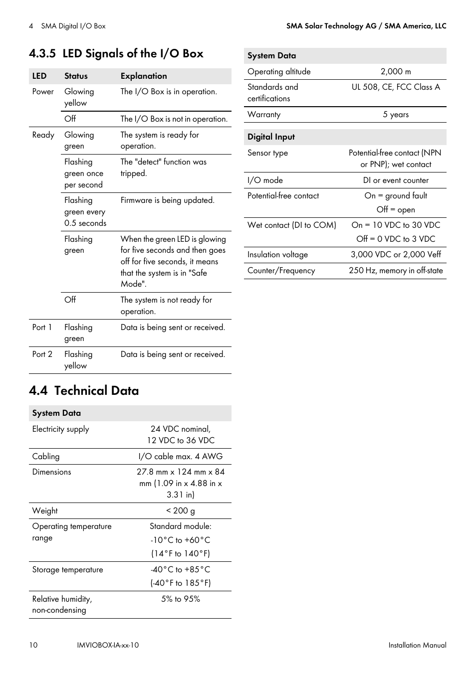 5 led signals of the i/o box, 4 technical data | SMA INVERTER MANAGER User Manual | Page 10 / 52