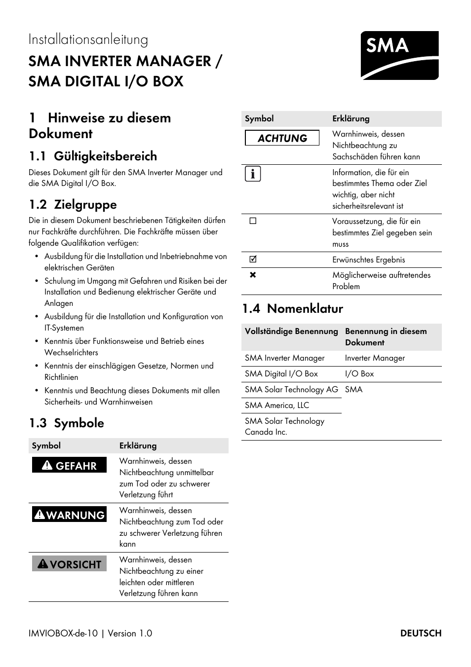 1 hinweise zu diesem dokument, 1 gültigkeitsbereich, 2 zielgruppe | 3 symbole, 4 nomenklatur, 3 symbole 1.4 nomenklatur | SMA INVERTER MANAGER User Manual | Page 11 / 52
