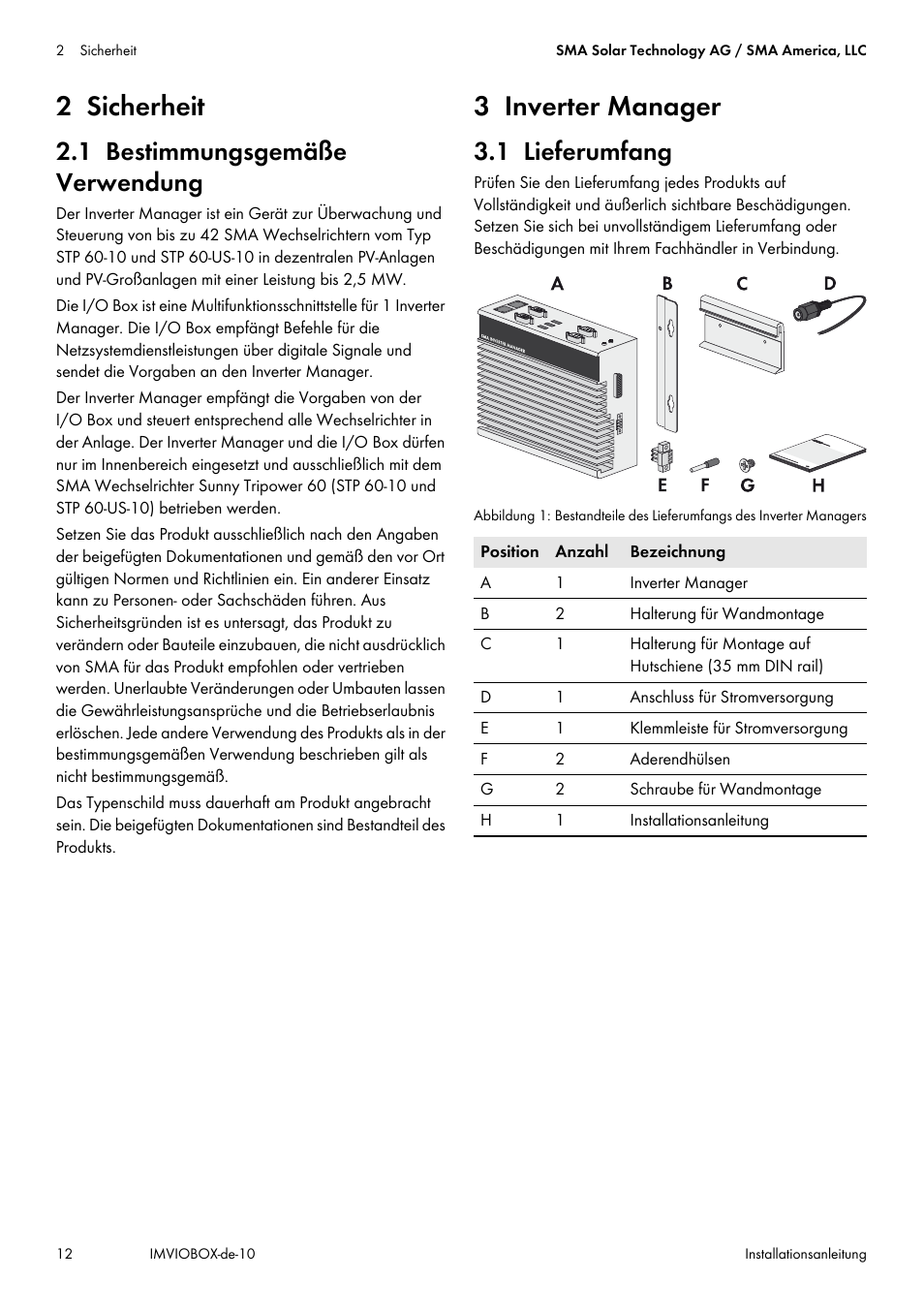 2 sicherheit, 1 bestimmungsgemäße verwendung, 3 inverter manager | 1 lieferumfang | SMA INVERTER MANAGER User Manual | Page 12 / 52