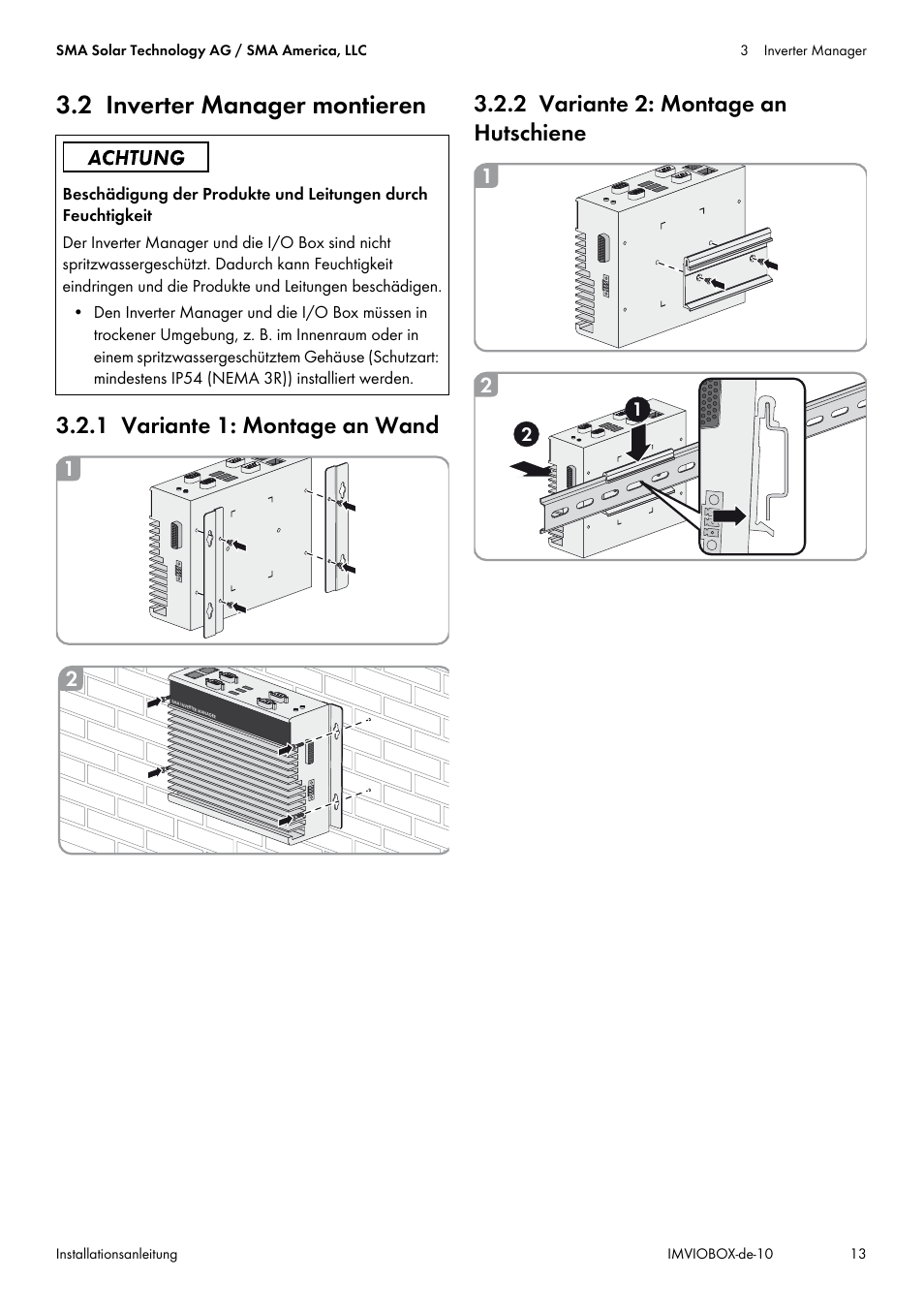 2 inverter manager montieren, 1 variante 1: montage an wand, 2 variante 2: montage an hutschiene | SMA INVERTER MANAGER User Manual | Page 13 / 52