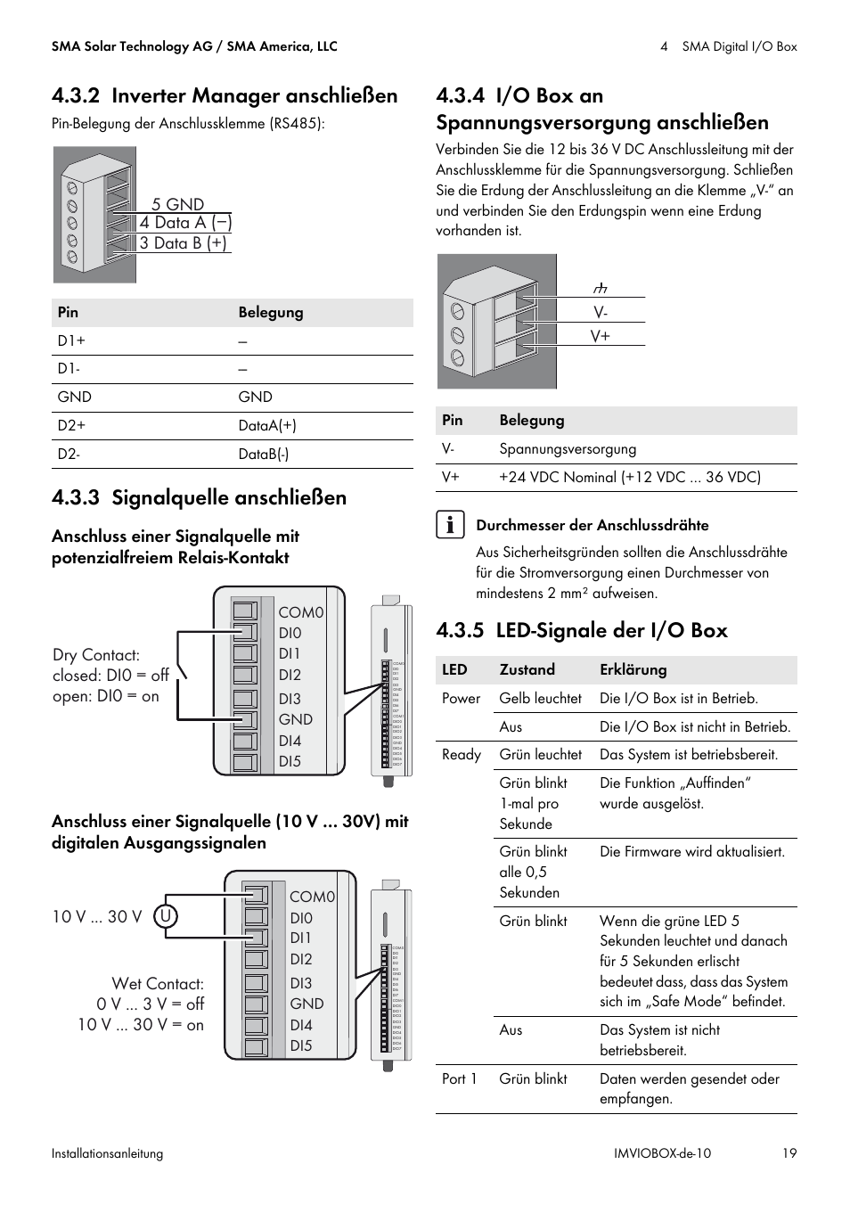 2 inverter manager anschließen, 3 signalquelle anschließen, 4 i/o box an spannungsversorgung anschließen | 5 led-signale der i/o box, 4 data a (−) | SMA INVERTER MANAGER User Manual | Page 19 / 52