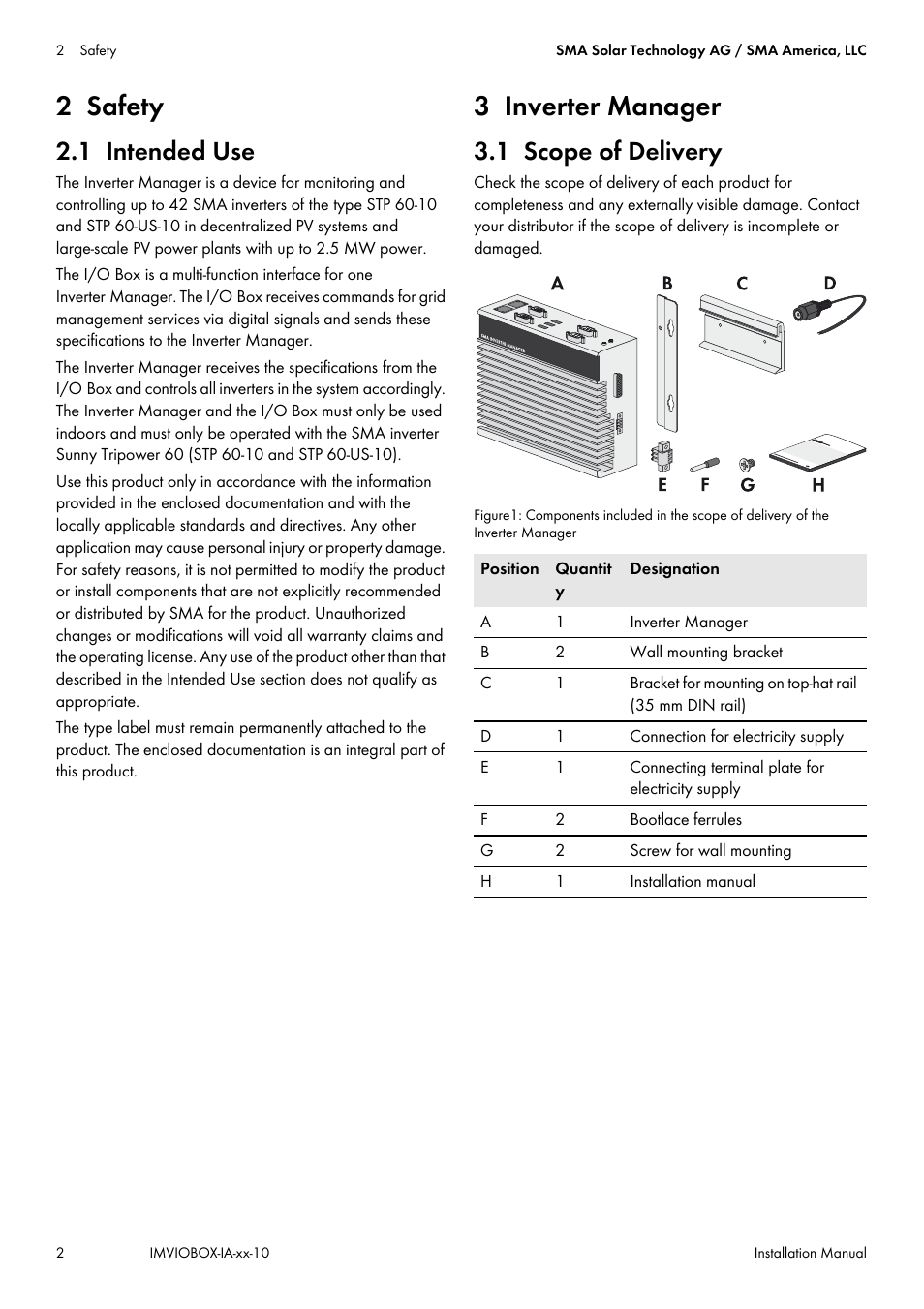 2 safety, 1 intended use, 3 inverter manager | 1 scope of delivery | SMA INVERTER MANAGER User Manual | Page 2 / 52