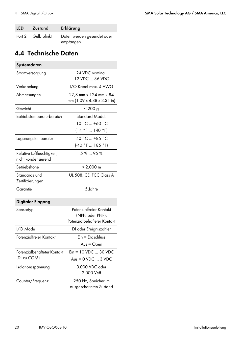 4 technische daten | SMA INVERTER MANAGER User Manual | Page 20 / 52