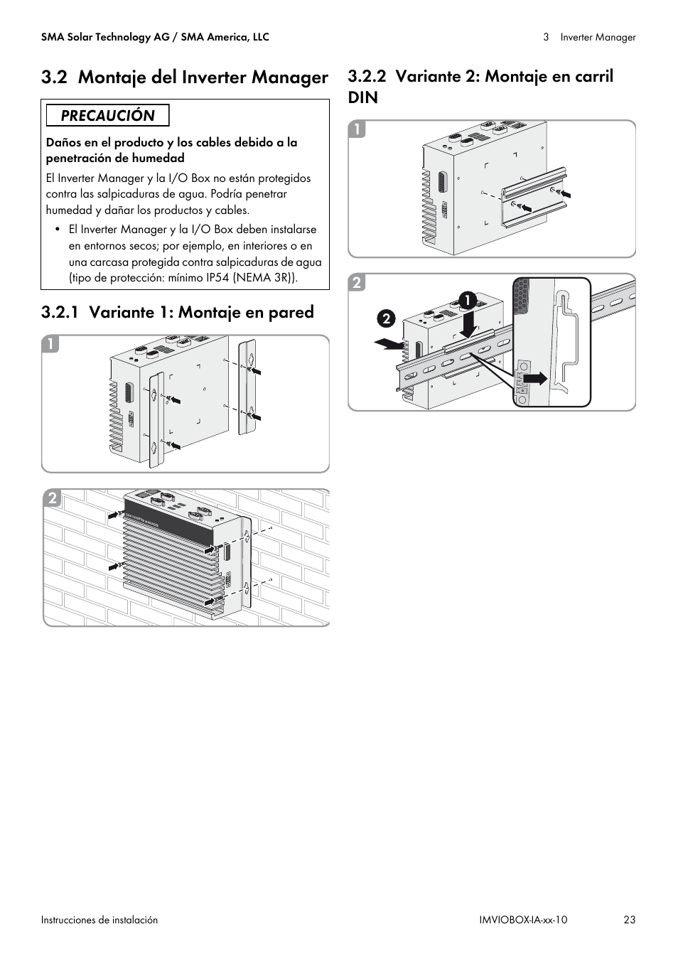 2 montaje del inverter manager, 1 variante 1: montaje en pared, 2 variante 2: montaje en carril din | SMA INVERTER MANAGER User Manual | Page 23 / 52