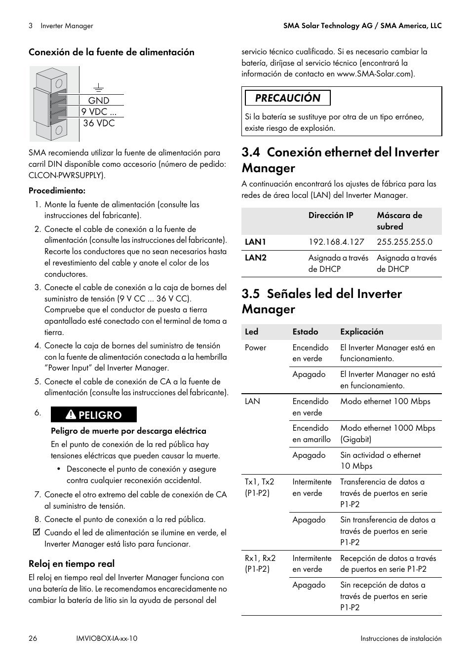 4 conexión ethernet del inverter manager, 5 señales led del inverter manager | SMA INVERTER MANAGER User Manual | Page 26 / 52