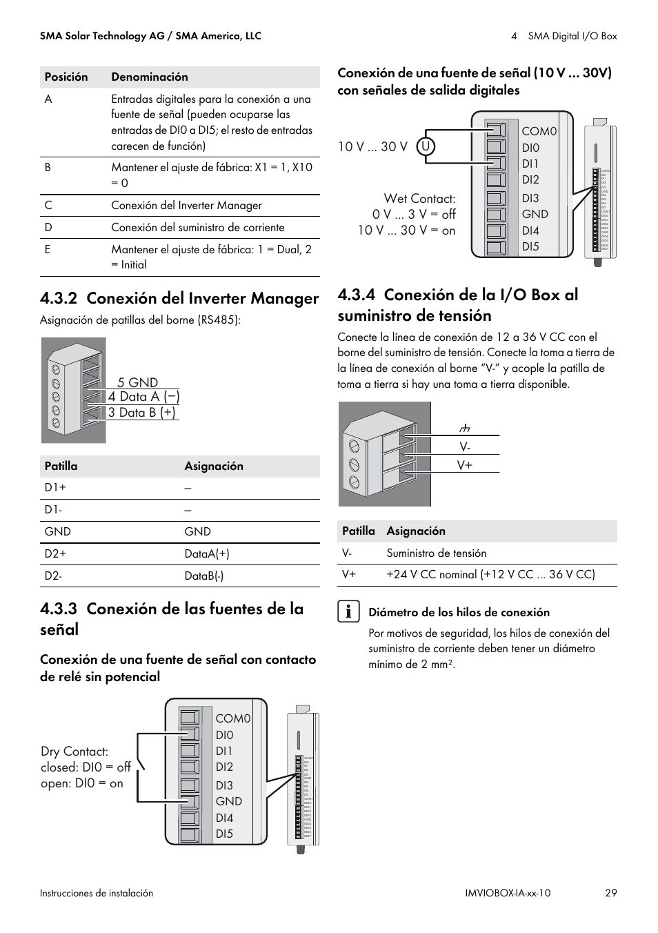 2 conexión del inverter manager, 3 conexión de las fuentes de la señal, 4 conexión de la i/o box al suministro de tensión | 4 data a (−) | SMA INVERTER MANAGER User Manual | Page 29 / 52