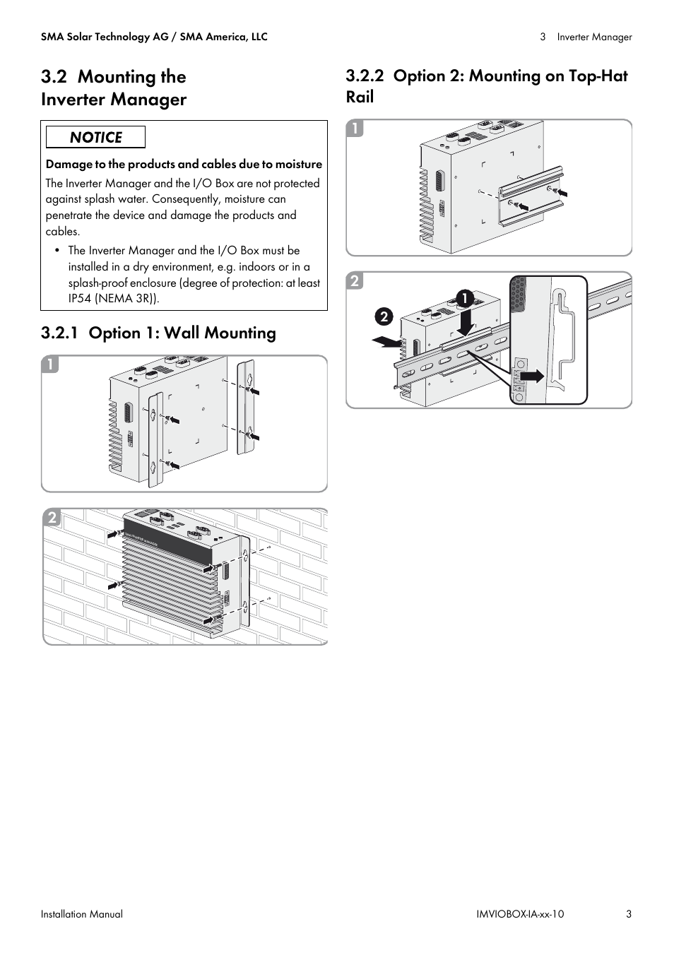 2 mounting the inverter manager, 1 option 1: wall mounting, 2 option 2: mounting on top-hat rail | SMA INVERTER MANAGER User Manual | Page 3 / 52