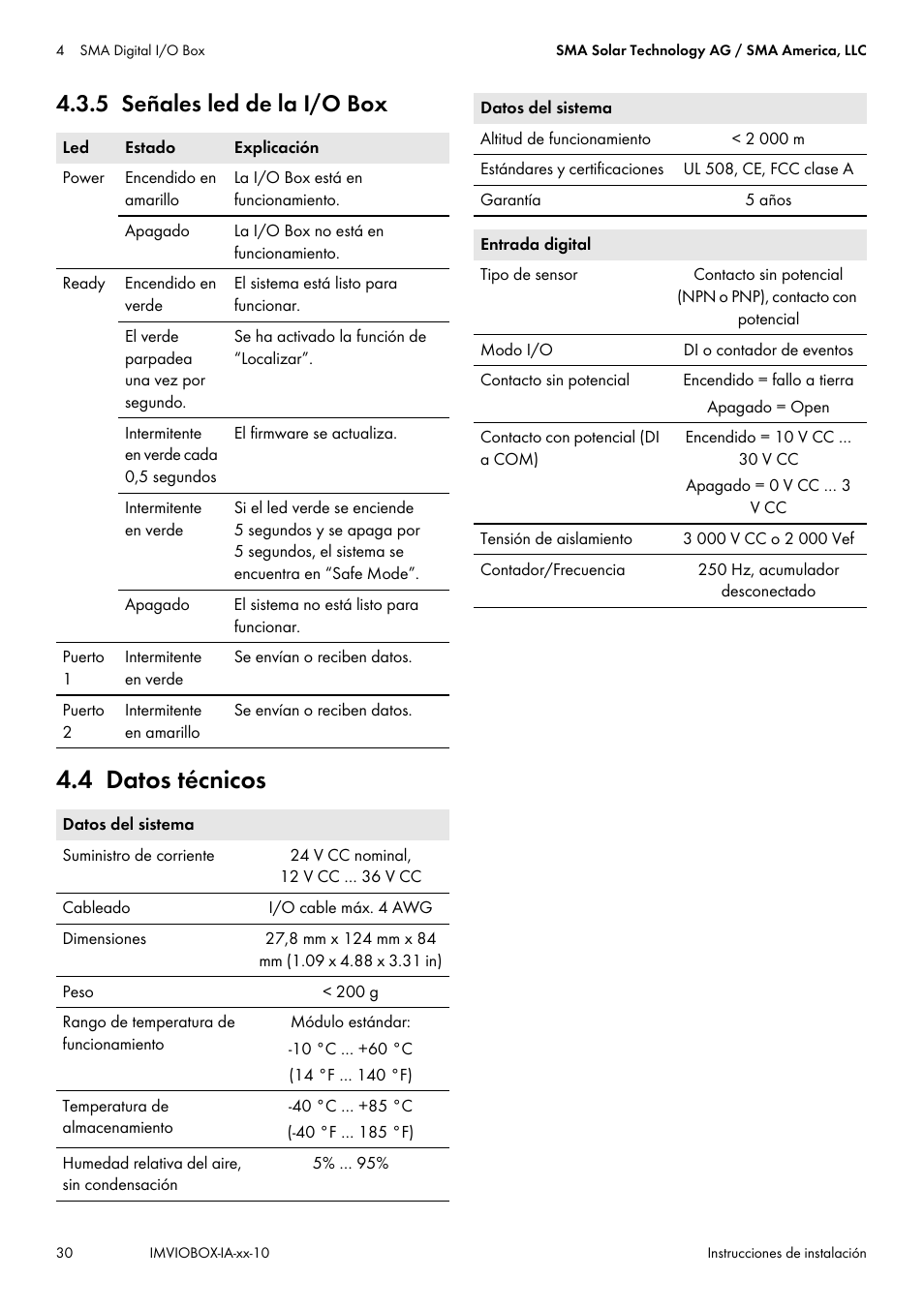 5 señales led de la i/o box, 4 datos técnicos | SMA INVERTER MANAGER User Manual | Page 30 / 52