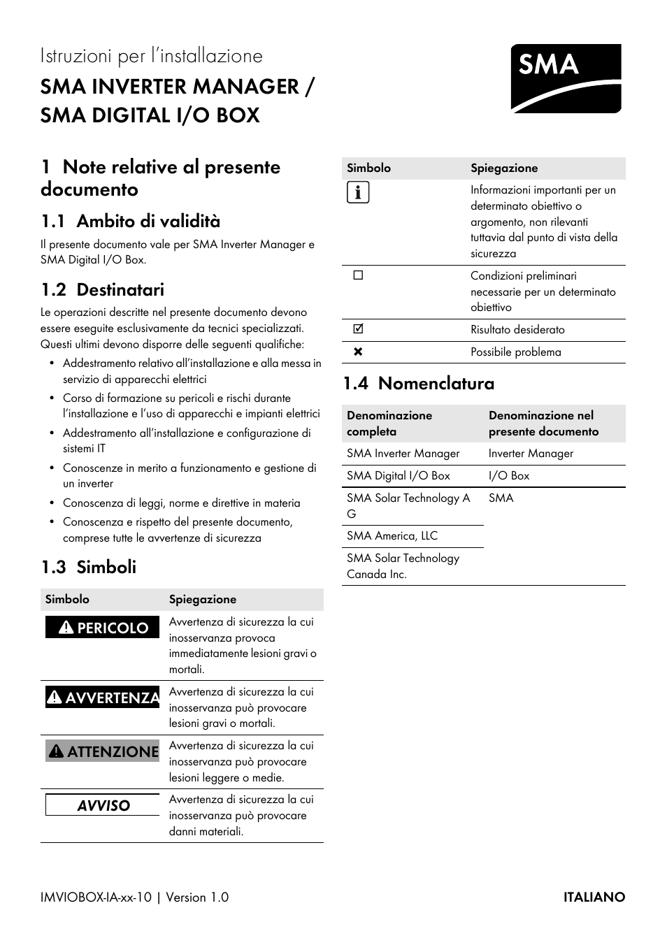 1 note relative al presente documento, 1 ambito di validità, 2 destinatari | 3 simboli, 4 nomenclatura, 3 simboli 1.4 nomenclatura | SMA INVERTER MANAGER User Manual | Page 31 / 52