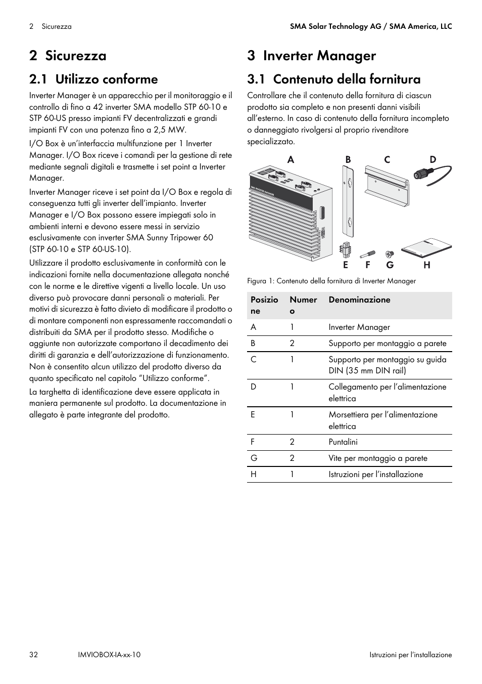 2 sicurezza, 1 utilizzo conforme, 3 inverter manager | 1 contenuto della fornitura | SMA INVERTER MANAGER User Manual | Page 32 / 52