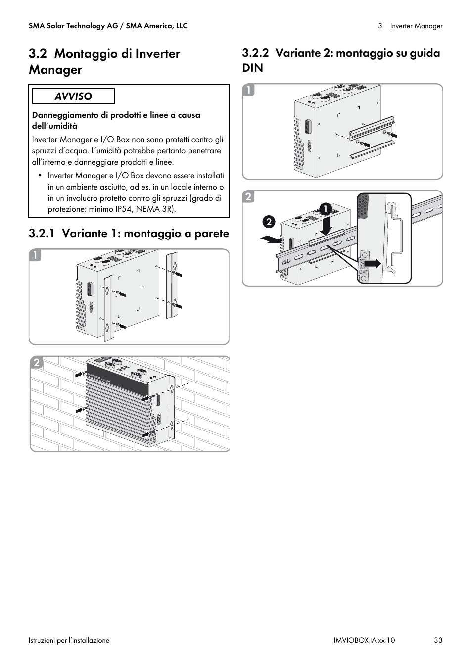 2 montaggio di inverter manager, 1 variante 1: montaggio a parete, 2 variante 2: montaggio su guida din | SMA INVERTER MANAGER User Manual | Page 33 / 52