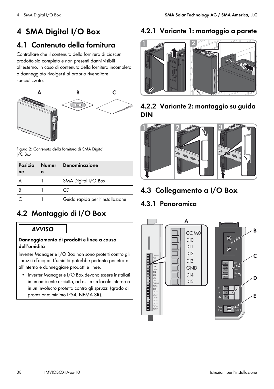 4 sma digital i/o box, 1 contenuto della fornitura, 2 montaggio di i/o box | 1 variante 1: montaggio a parete, 2 variante 2: montaggio su guida din, 3 collegamento a i/o box, 1 panoramica, Ab c, Ac d | SMA INVERTER MANAGER User Manual | Page 38 / 52