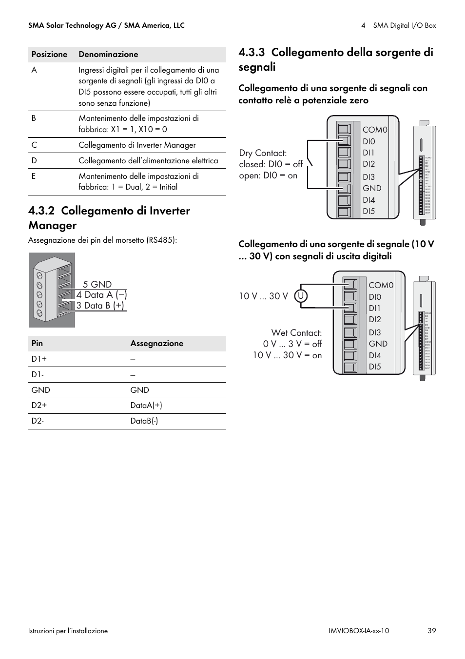 2 collegamento di inverter manager, 3 collegamento della sorgente di segnali, 4 data a (−) | SMA INVERTER MANAGER User Manual | Page 39 / 52