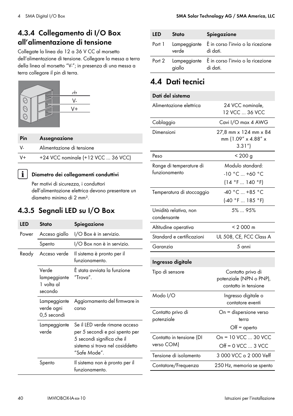 5 segnali led su i/o box, 4 dati tecnici | SMA INVERTER MANAGER User Manual | Page 40 / 52