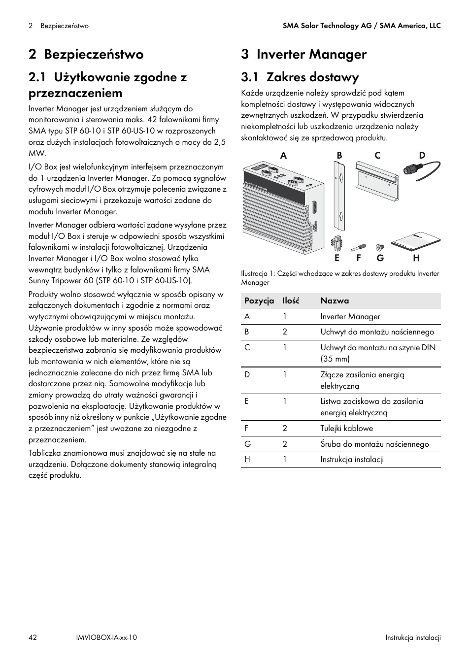 2 bezpieczeństwo, 1 użytkowanie zgodne z przeznaczeniem, 3 inverter manager | 1 zakres dostawy | SMA INVERTER MANAGER User Manual | Page 42 / 52