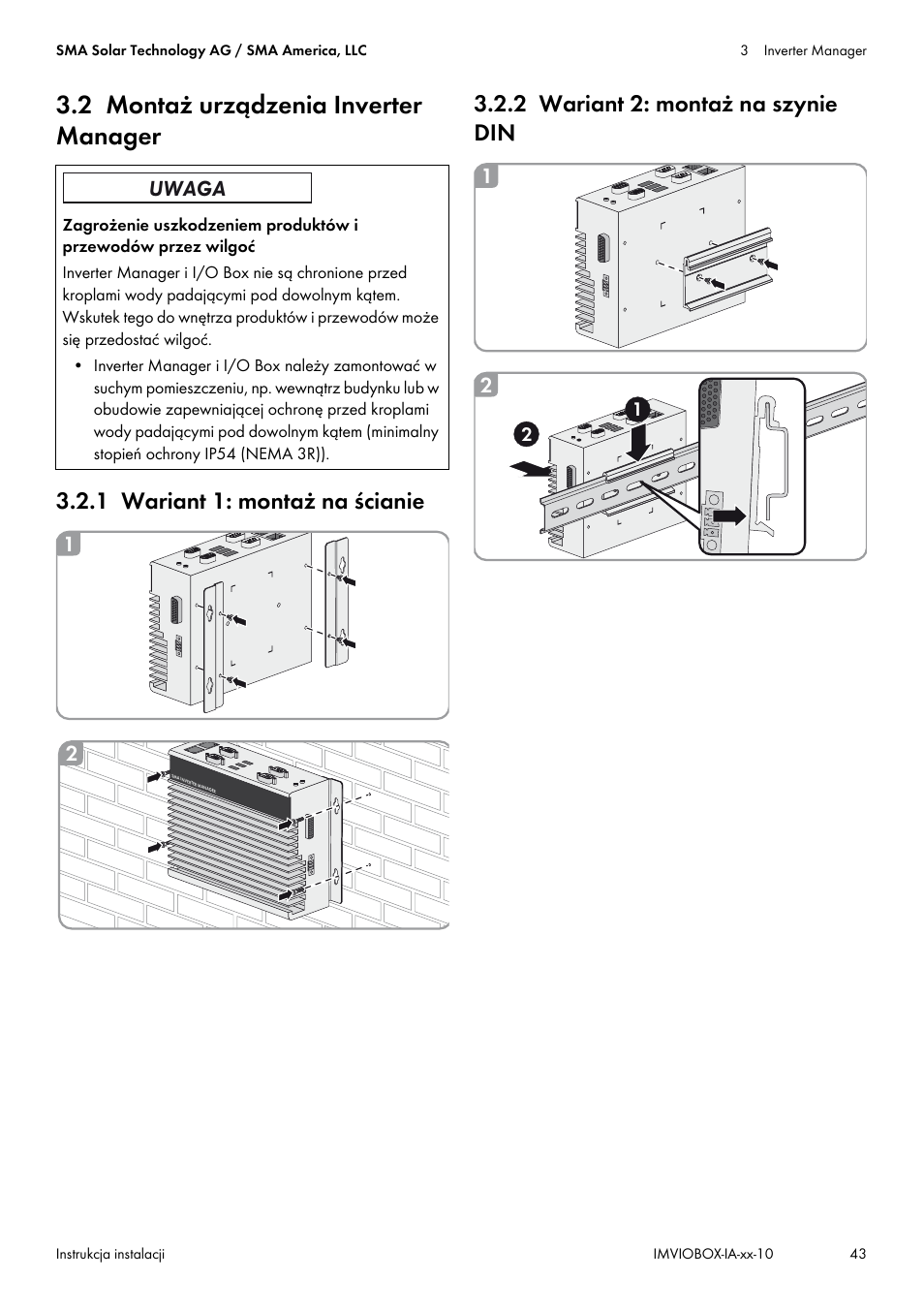 2 montaż urządzenia inverter manager, 1 wariant 1: montaż na ścianie, 2 wariant 2: montaż na szynie din | SMA INVERTER MANAGER User Manual | Page 43 / 52