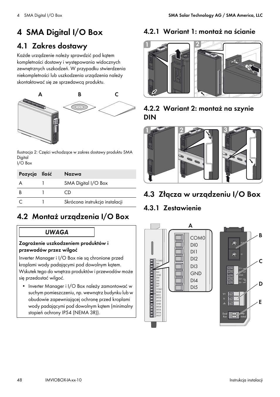 4 sma digital i/o box, 1 zakres dostawy, 2 montaż urządzenia i/o box | 1 wariant 1: montaż na ścianie, 2 wariant 2: montaż na szynie din, 3 złącza w urządzeniu i/o box, 1 zestawienie, Ab c, Ac d | SMA INVERTER MANAGER User Manual | Page 48 / 52