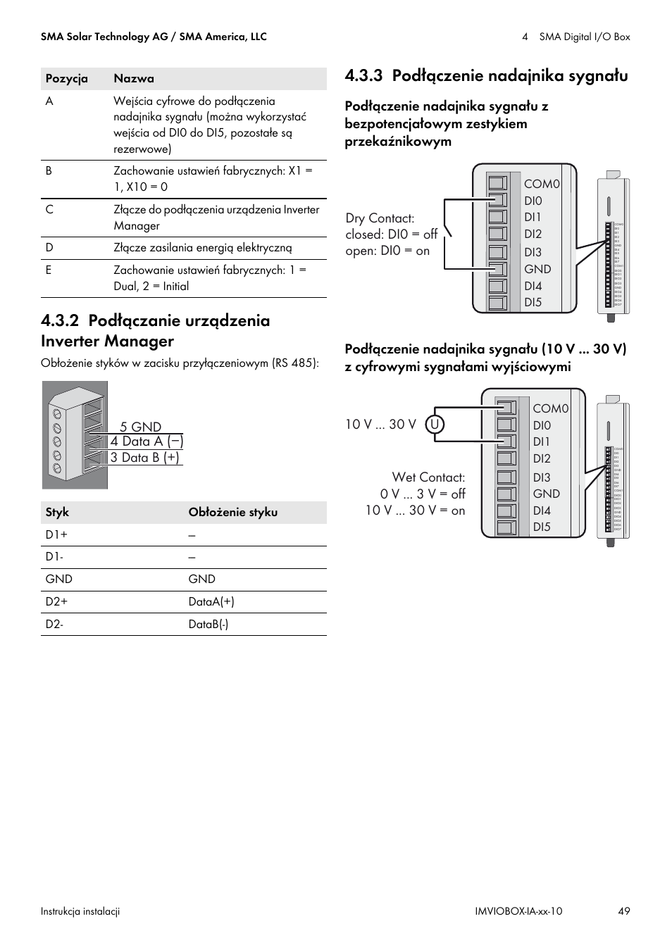 2 podłączanie urządzenia inverter manager, 3 podłączenie nadajnika sygnału, 4 data a (−) | SMA INVERTER MANAGER User Manual | Page 49 / 52