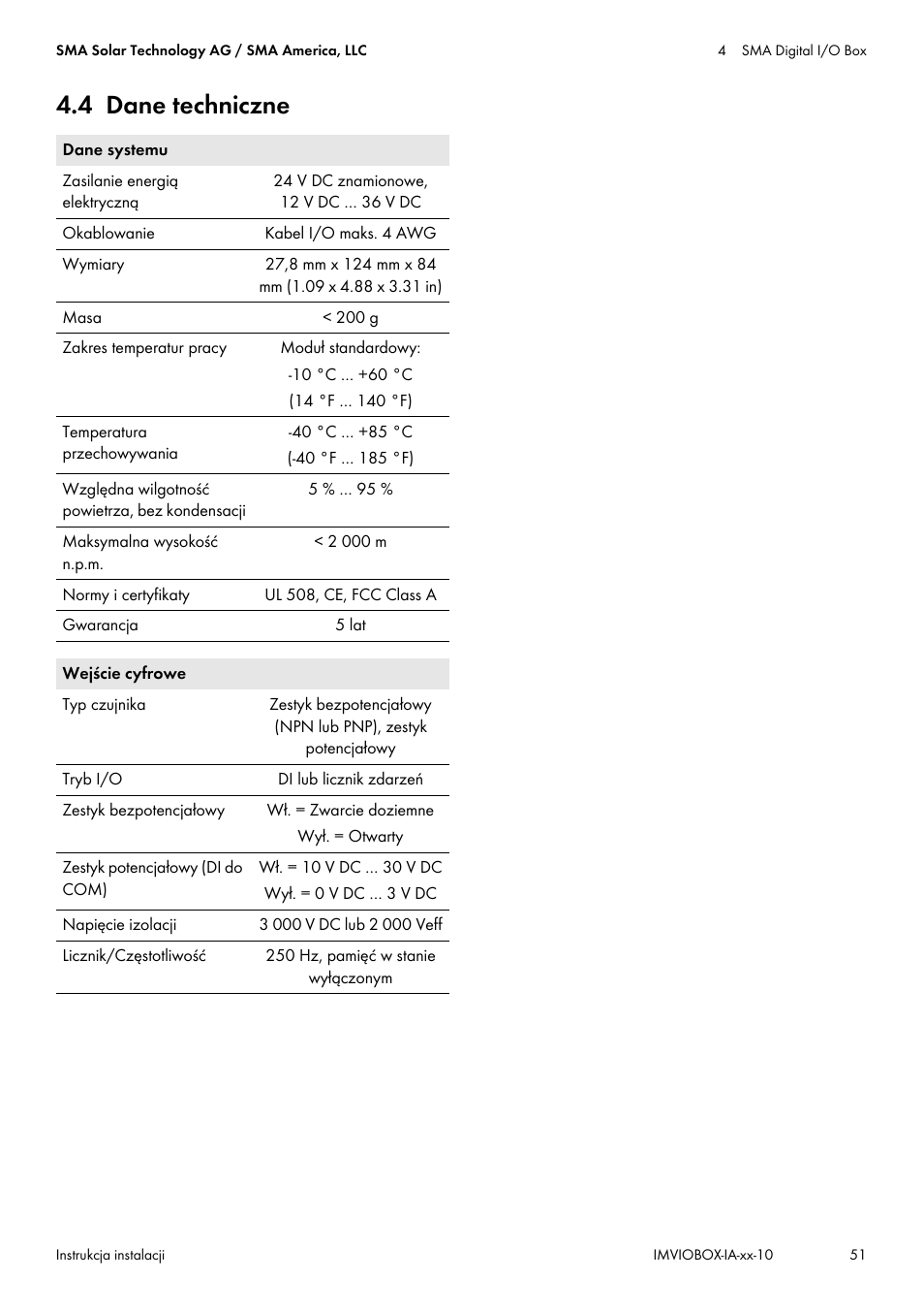 4 dane techniczne | SMA INVERTER MANAGER User Manual | Page 51 / 52