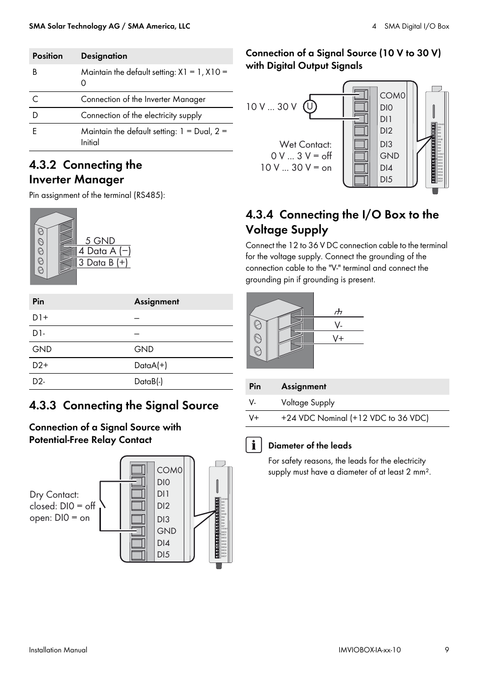 2 connecting the inverter manager, 3 connecting the signal source, 4 connecting the i/o box to the voltage supply | 4 data a (−) | SMA INVERTER MANAGER User Manual | Page 9 / 52