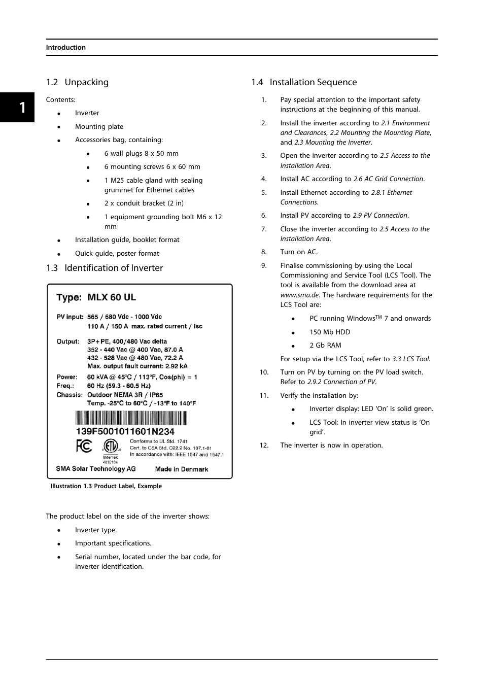 2 unpacking, 3 identification of inverter, 4 installation sequence | SMA MLX Series User Manual | Page 11 / 153