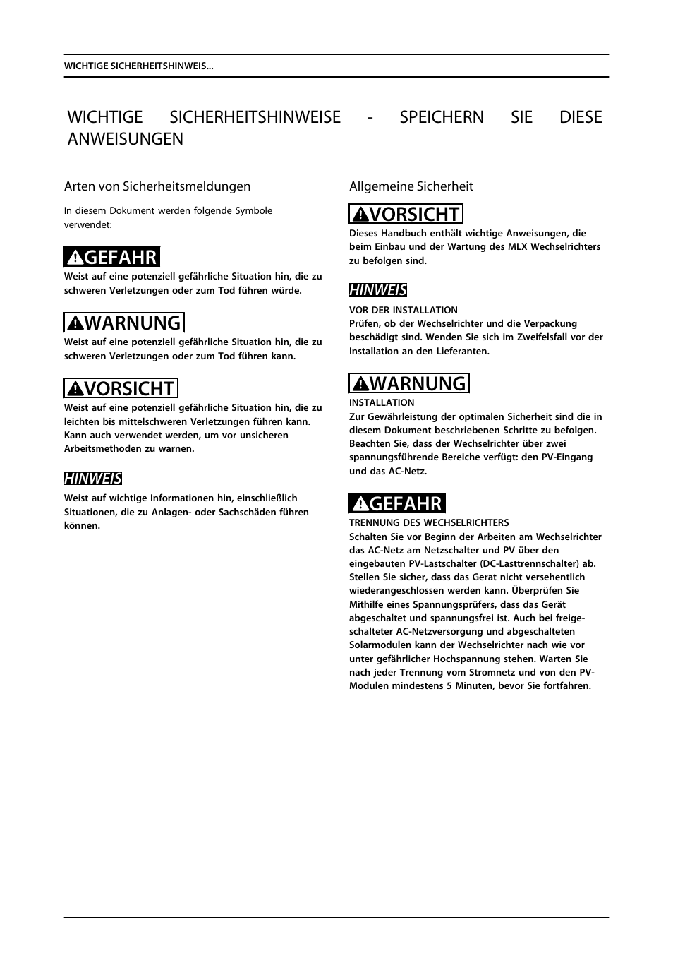 Gefahr, Warnung, Vorsicht | SMA MLX Series User Manual | Page 114 / 153