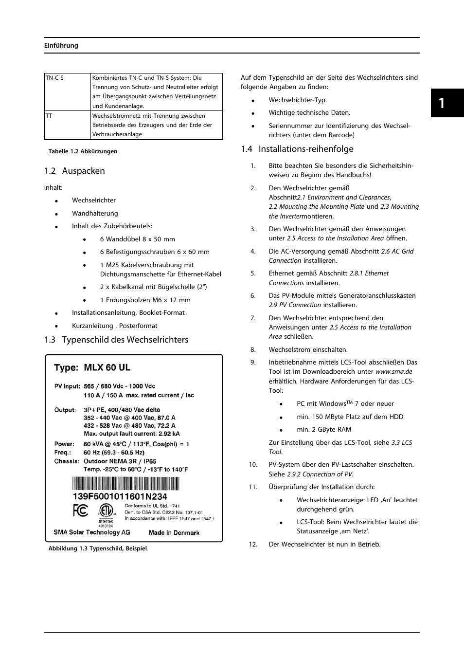 2 auspacken, 3 typenschild des wechselrichters, 4 installations-reihenfolge | SMA MLX Series User Manual | Page 122 / 153