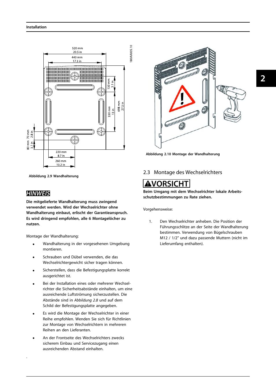 3 montage des wechselrichters, Vorsicht, Hinweis | SMA MLX Series User Manual | Page 126 / 153