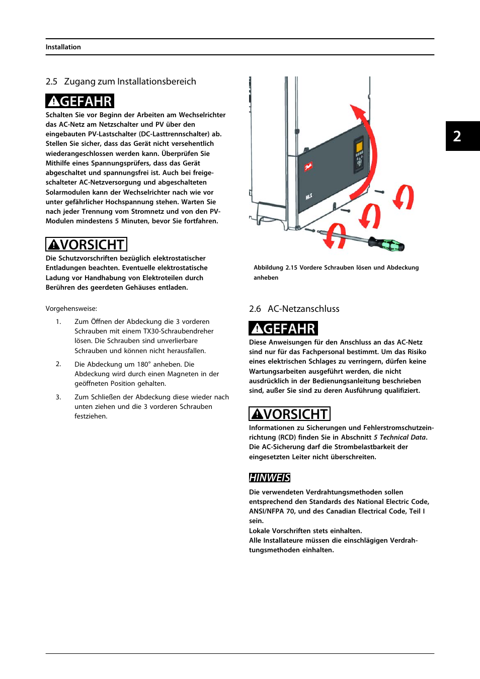 5 zugang zum installationsbereich, 6 ac-netzanschluss, Gefahr | Vorsicht, Hinweis | SMA MLX Series User Manual | Page 128 / 153